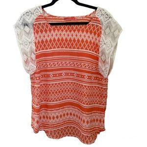 Prana Cap Sleeve Orange Print Top with Crochet Trim - L